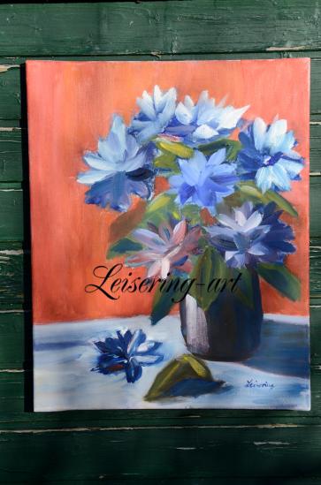 Nr. 45 blaue Blüten vor rot, 40 cm x 50 cm , Öl auf Canvas